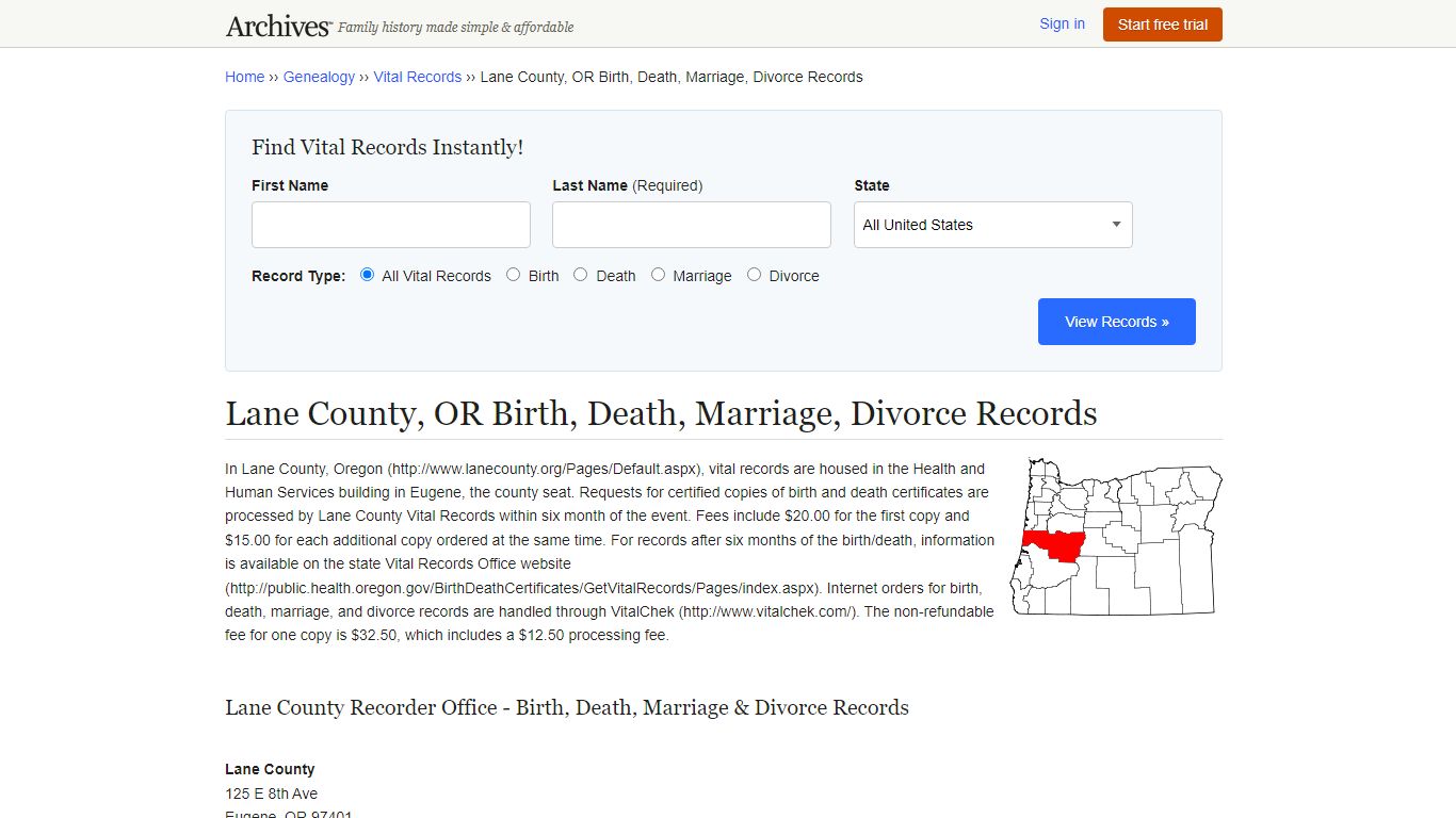 Lane County, OR Birth, Death, Marriage, Divorce Records